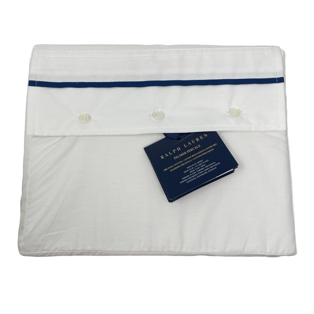Ralph Lauren Palmer Percale twin flat sheet white organic cotton Navy stripe NWT